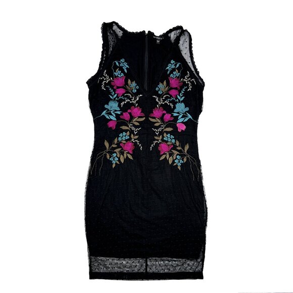 Guess Embroidered Lace Black Pink Teal Olive Floral Bodycon V-Neck Dress Size L - Picture 3 of 10